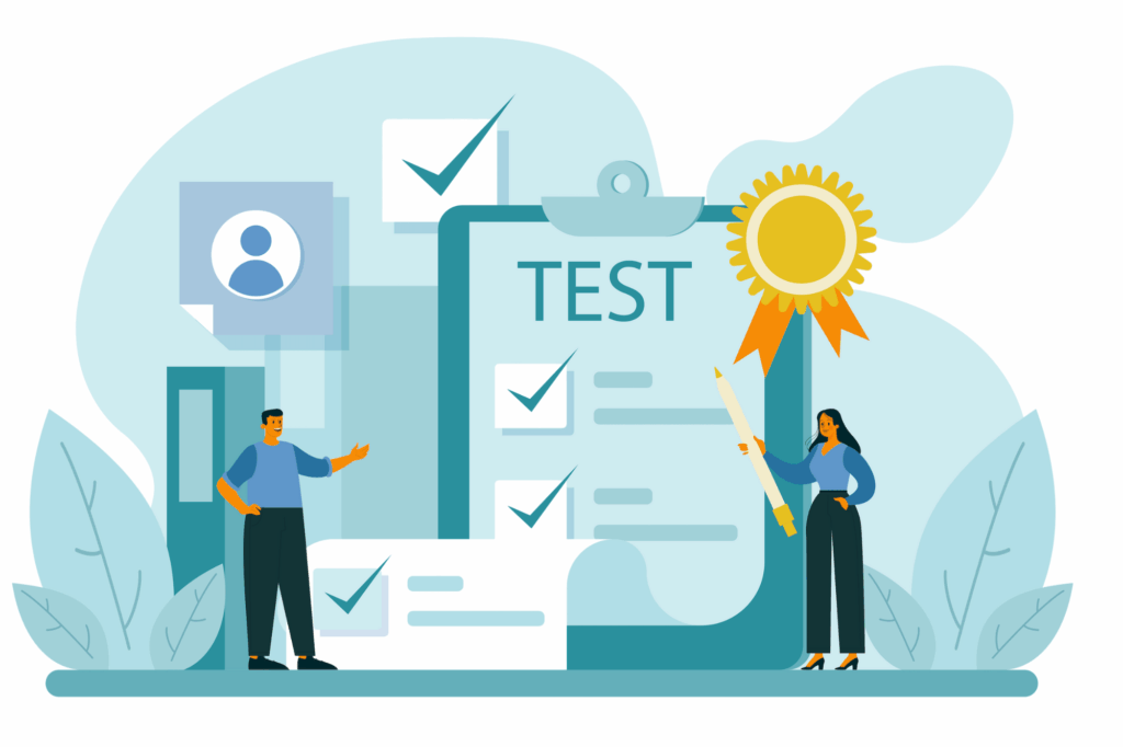 Illustration of professionals standing next to a large test checklist, representing structured hiring processes and candidate personality assessments.