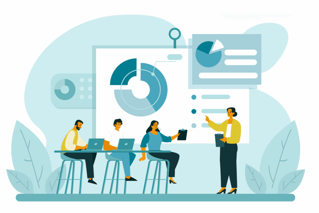 Illustration of a team reviewing data and charts, representing structured interviews and the integration of personality assessments in hiring.