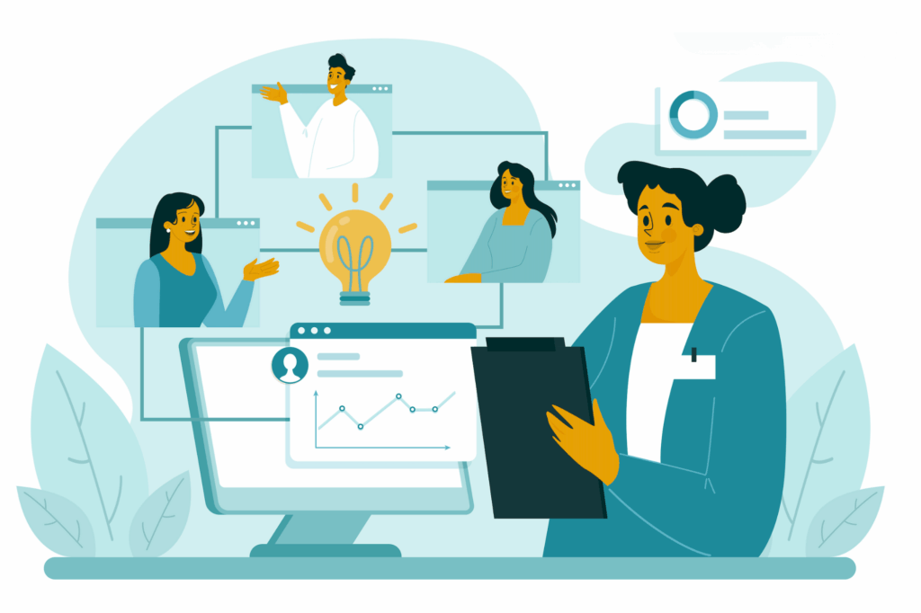 Illustration of professionals connecting virtually through screens and analyzing data, symbolizing AI and online personality assessments in recruitment.