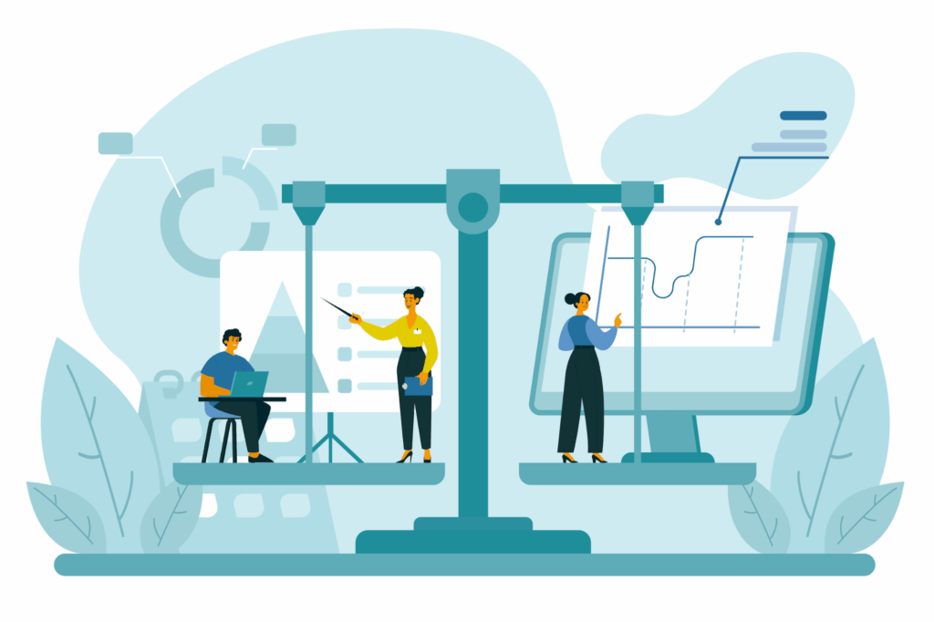 Illustration of people standing on a balance scale with data charts, representing the balance between personality assessments and job qualifications in hiring.