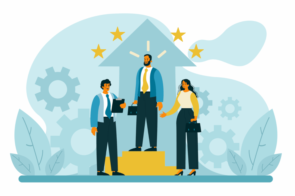 Illustration of a team recognizing a successful candidate, symbolizing how personality assessments help build diverse, high-performing teams.