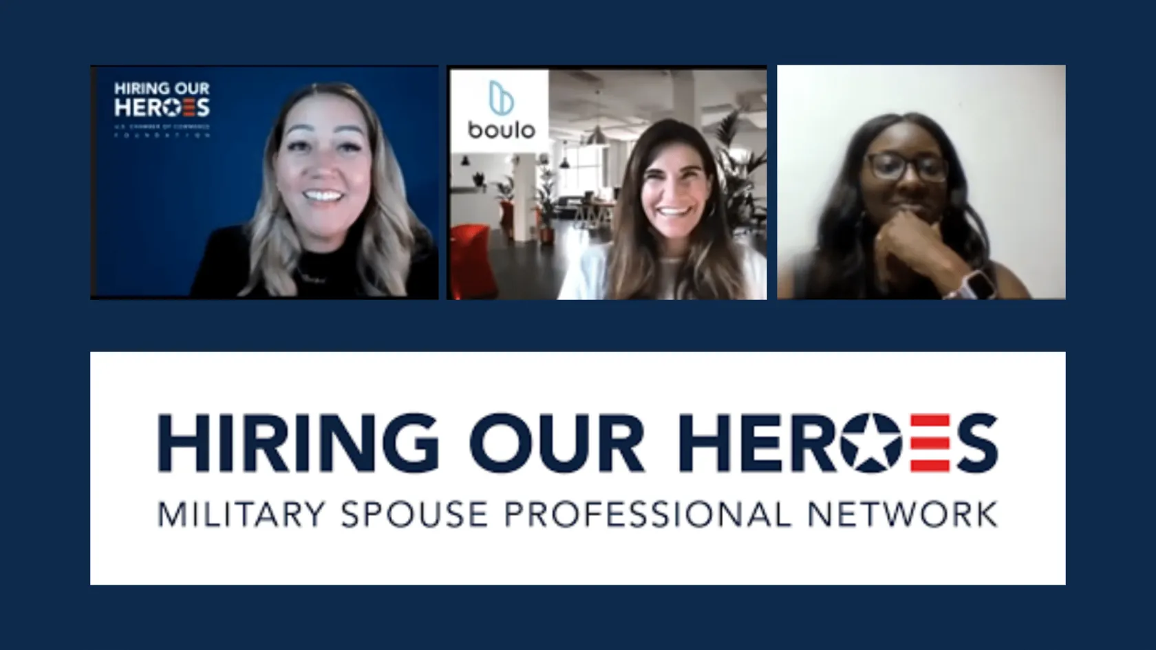 Cover navy background with HOH Military Spouse Professional Network (MSPN) logo host Debbra Hooks photo and Boulo's Founder & CEO, Delphine Carter's photo for their discussion and news blog