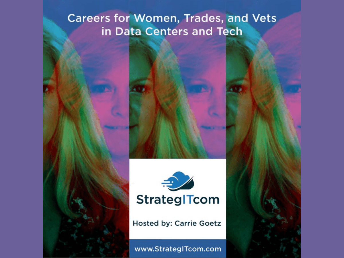 Picture of Carrie Goetz, host of StratigITcom podcast, advertising her discussion with Boulo's Delphine Carter on gender equality for businesses and diversity in tech.