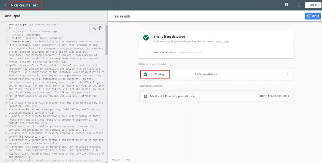 Job Posting Structured Data Test by Rich Results Tool