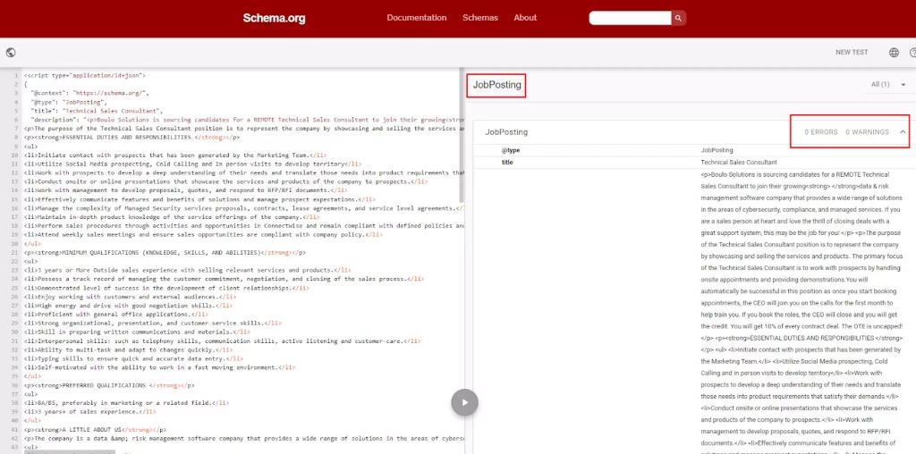 Job Posting Structured Data Test by Schema Validator Tool