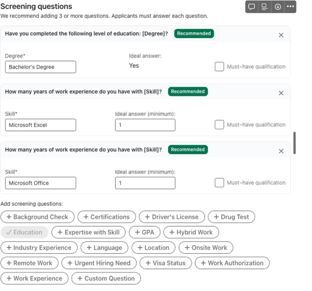 Set up screening questions