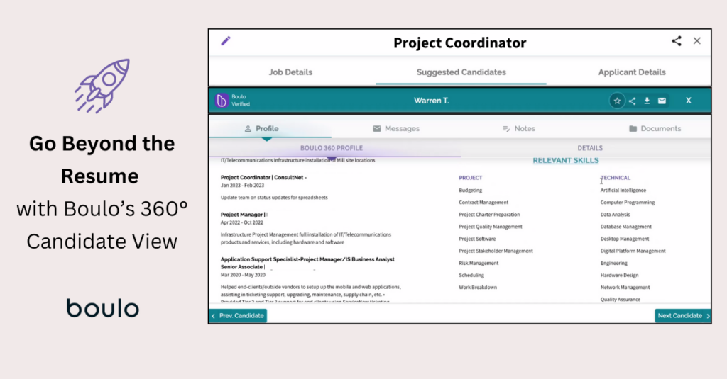 The picture shows a 360° view of a candidate seeking a project coordinator role. A 360° candidate view helps employers make better hiring decisions. 
