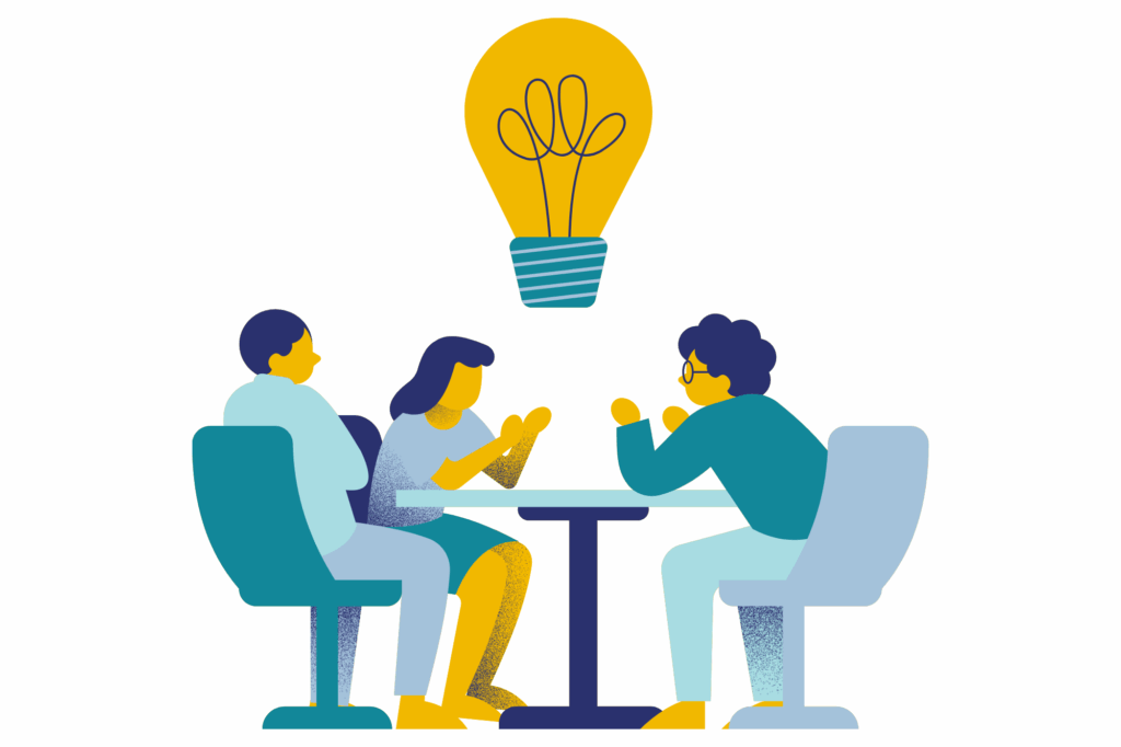 Team collaborating at a table with a lightbulb symbolizing new ideas, representing innovation in workforce planning with AI and skills data.