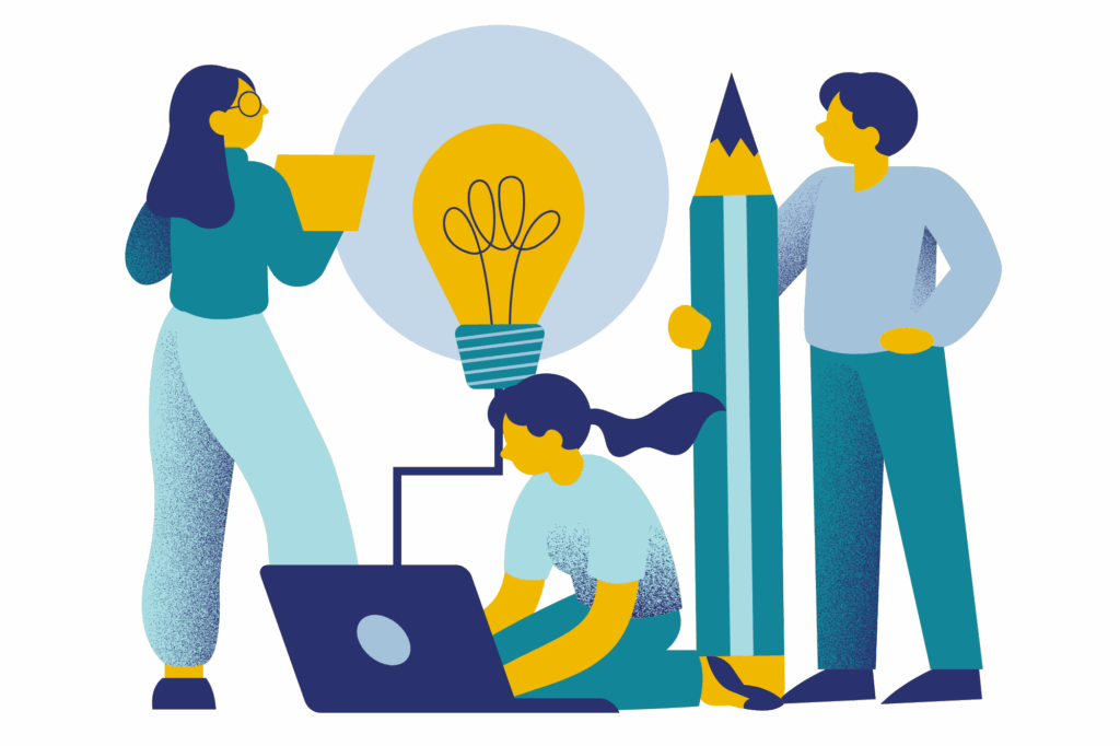 Team collaborating with laptop, lightbulb, and giant pencil to symbolize innovation, technology, and creativity in workforce planning with AI and skills data.