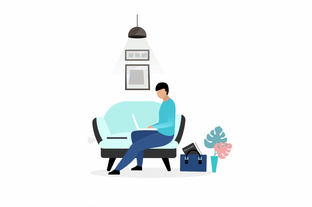 Illustration of a job seeker sitting on a couch with a laptop, preparing for an interview. A briefcase with a resume is beside them.