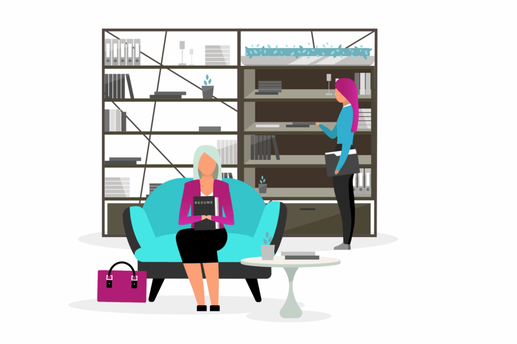 Illustration of two job seekers in a waiting room with resumes and briefcases, preparing for interviews.