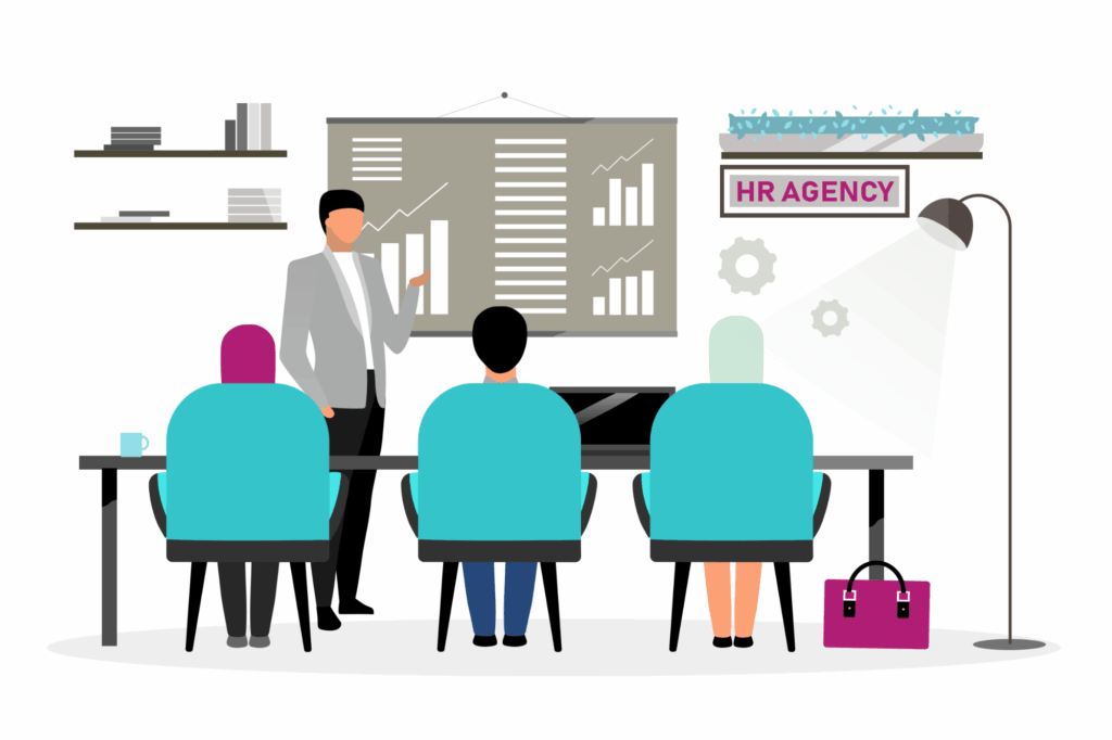 Illustration of an HR professional presenting hiring data and charts to a team at an HR agency.