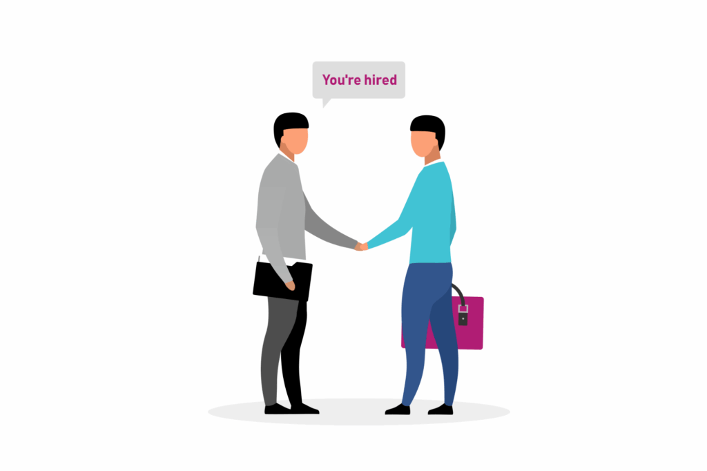 Illustration of a successful job interview outcome with two people shaking hands. A speech bubble says, “You’re hired.”