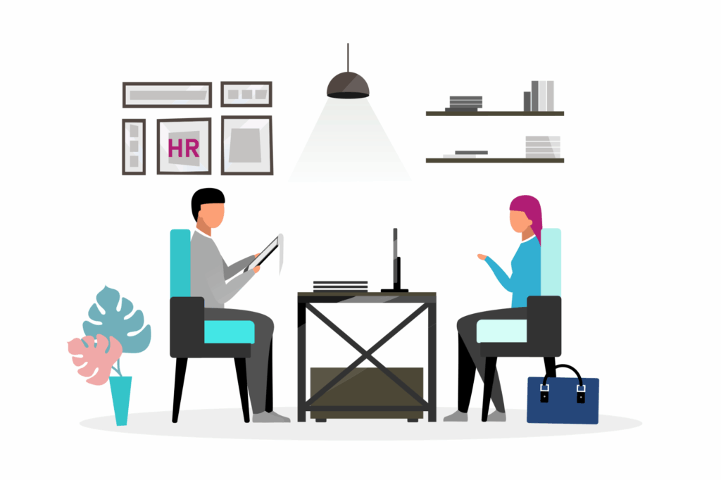 Illustration of a candidate in a one-on-one HR interview, with the recruiter reviewing documents at a desk.