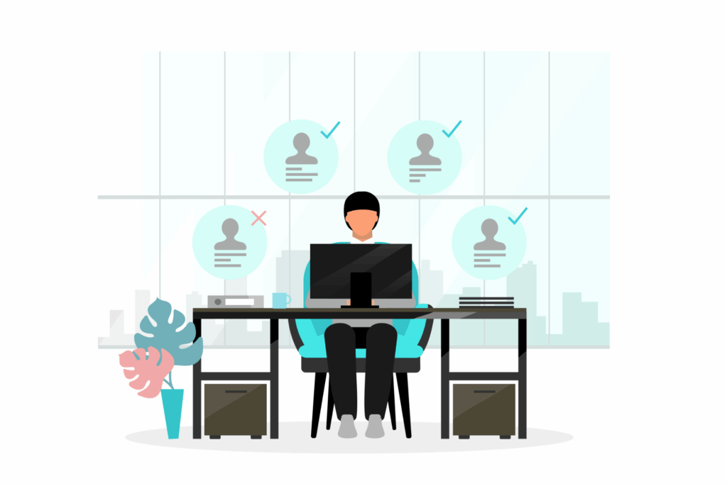 Illustration of a recruiter using a computer to review candidate profiles with check marks and rejection icons.