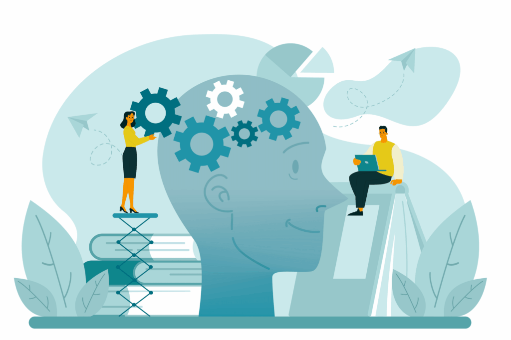 Illustration of two professionals collaborating around a large head filled with gears, symbolizing artificial intelligence, critical thinking, and AI in hiring.