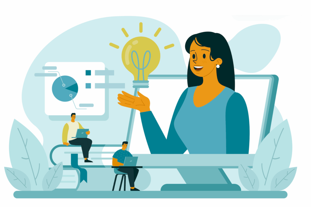 Illustration of a woman on a computer screen holding a light bulb, symbolizing innovative ideas and AI-powered insights in hiring and recruitment.